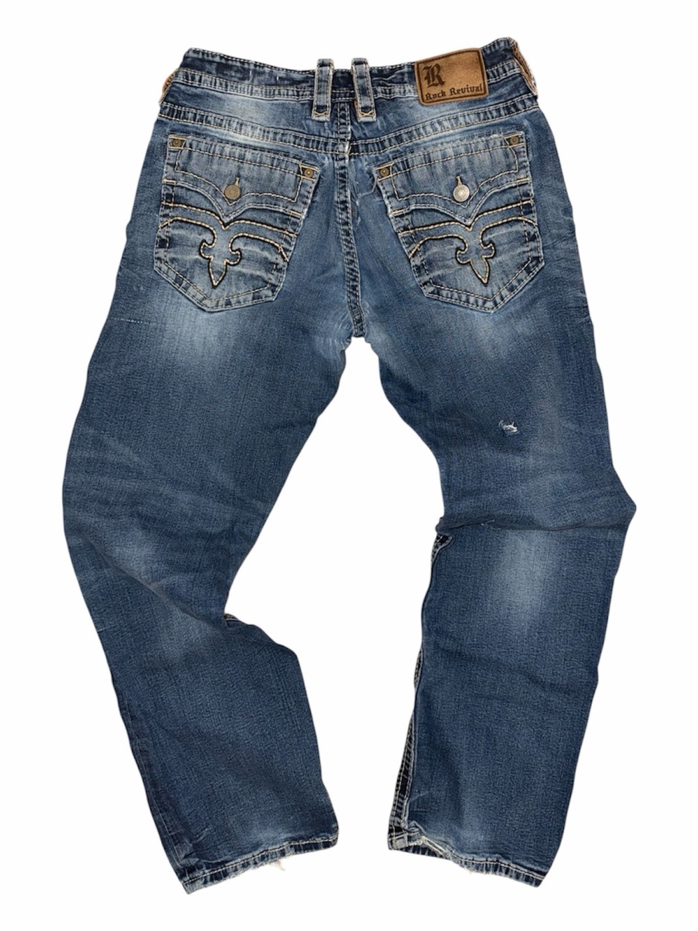 Rock Revival Men's Faded Blue Relaxed Fit Jeans with Embroidered Pockets